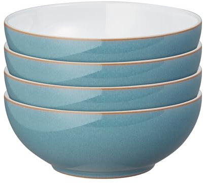 Denby - Azure Alt Coupe Set of 4 Cereal Bowls - Dishwasher & Microwave Safe Ceramic Crockery - Powder Blue Glaze Bowls for Soup, Rice - Chip & Crack Resistant Stoneware for Everyday - L17xW17xH6.5cm