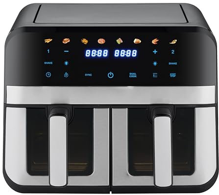 Dual Zone Heißluftfritteuse, XXL 9L Rapid AirFryer, 2 Fächer, 8 Programme, 80°C- 200°C, 2400W, Heißluftfritteusen ohne Öl, Grillen, Backen, Braten, Spülmaschinenfest, Antihaftbeschichtung