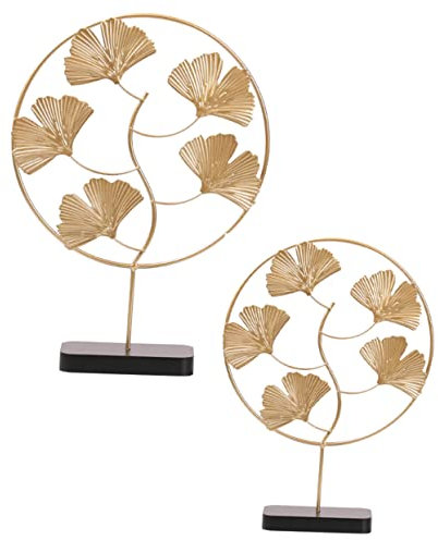 HOLIDYOYO 2 Stück Ginkgo Blätter Ornament Goldene Tischdekoration Rundes Metallblatt Deko für Schreibtisch Wohnaccessoires und Stabile Blätterschmuckstücke