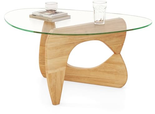 GIANTEX Table Basse en Verre Trempé, Plateau Irrégulière, Cadre Ajustable en Bois d’Hévéa, Butoir Anti-Dérapant, Table de Salon, Coin Arrondi, Charge 60 kg, Convient pour Salon, Chambre, Naturel