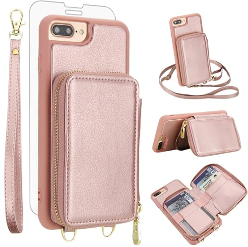 Phone Case for iPhone 6plus 6splus 7plus 8plus i 6/7/8 Plus Wallet Cell Cover with Screen Protector Crossbody Strap RFID Blocking Card Holder iPhone6splus i Phone7s 7s 7+ 8s 8+ Phones8 Women Rose Gold