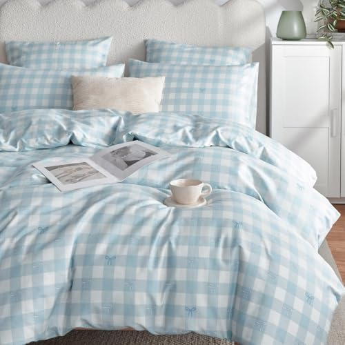 Lanqinglv Bettwäsche 155x220 Baumwolle Blau Weiß Kariert,Leinenoptik | ÖKO-TEX Zertifiziert,für Allergiker,4 Jahreszeiten Set,Atmungsaktiv Bettbezug und 1 Kissenbezüge 80x80 mit Reißverschluss