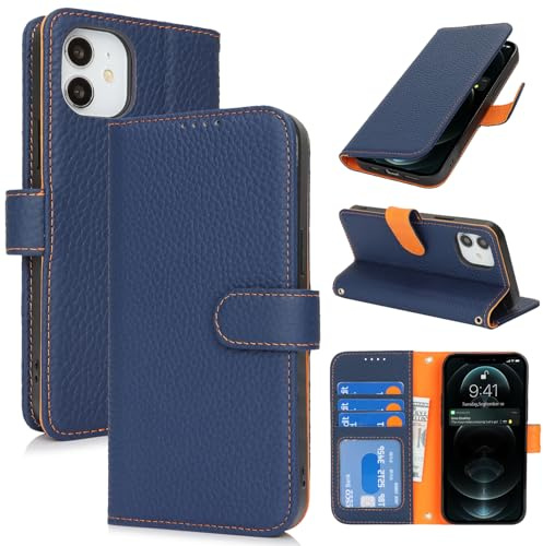 Zouzt Echtleder Hülle für iPhone 12 Mini 5,4, Blau & Orange | 4 Kartenfächern, Premium Leder, Kartenhalter, Magnet Klapp Schutzhülle, Stoßfeste TPU-Innenhülle, Frauen Männer, Leather Case