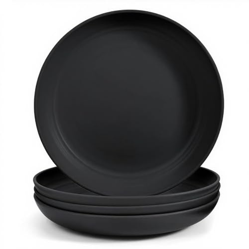 Odoland Set de 4 Pièces Couverts de Camping de 23 cm, Vaisselle Plastique Reutilisable Sans BPA, Set Pique Nique Adapté pour le Dîner, Assiettes de Service à Salade, Pâtes, Parties,Noir