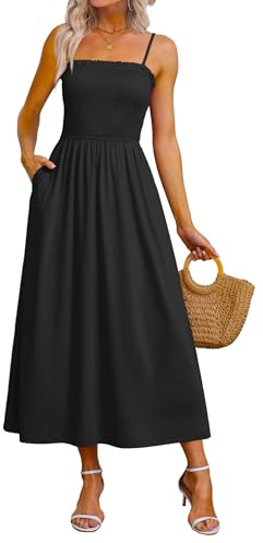 OFEEFAN Black Spaghetti Strap Maxi Dress Business Casual Spring Sundresses for Women Resort Wear 2026 Summer Clothes Beach Vacation Cruise Outfits M