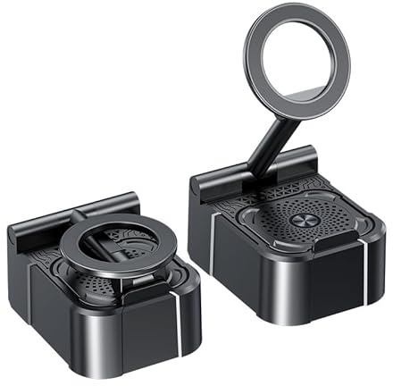 Tosuny Magnetischer Telefonständer, Bluetooth Lautsprecher mit Integrierter Powerbank, 5 W Satter Sound, 360° Verstellbarer, Faltbarer Halter Zum Ansehen von Videos, Schwarz