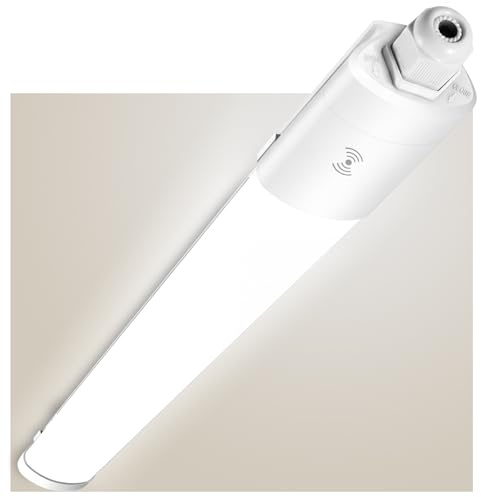 SNADER Deckenlampe mit Bewegungsmelder, 36W 4230LM 4000K Verknüpfbare LED Feuchtraumleuchte 120cm, Ultraslim Deckenleuchte Feuchtraum Wannenleuchte, IP65 Wasserfest Werkstattlampe für Garage Keller