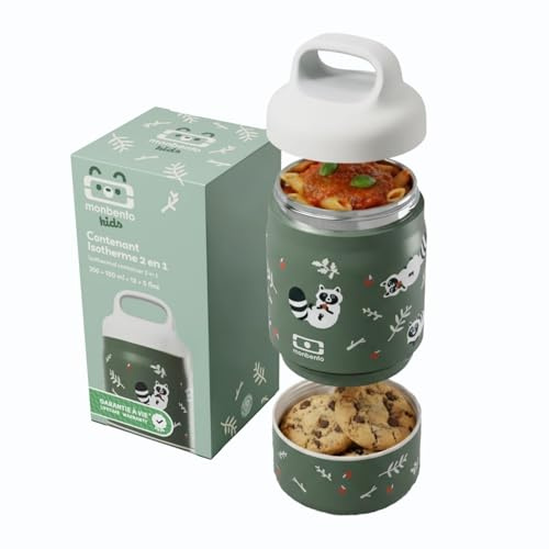 monbento - Isolierte Lunchbox für Kinder Handy – Grün Raccoon - 500 ml 2-stöckige Edelstahl Bento Box - 2-in-1 hält Speisen warm & kalt - BPA-frei - Ideal für Schule & Ausflüge