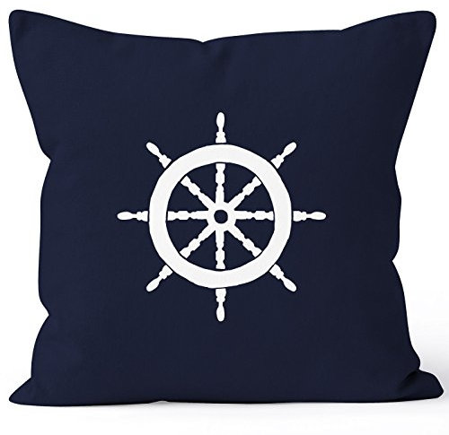 MoonWorks Kissenbezug Kissen-Hülle Deko-Kissen 40x40 Steuerrad Segeln Baumwolle Navy 40cm x 40cm