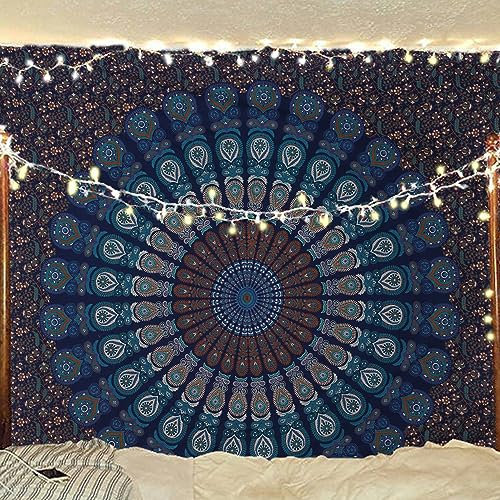 Bless International Indischer Hippie Bohemian Psychedelic Peacock Mandala Wandbehang Bettwäsche Tapisserie (Blue Green, King (223x264Inches)(225x265Cms))