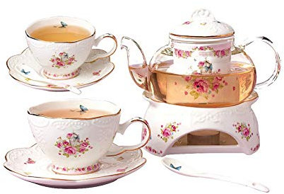 YBK Tech Service à thé pour 2 personnes, théière, tasse et soucoupe en porcelaine anglaise avec réchaud et infuseur à thé – Motif floral (motif II)