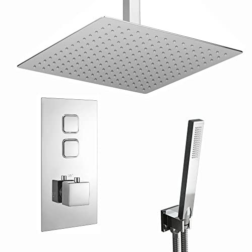 ENKI, Milan, SH0085, Square Thermostatic Concealed Shower Set Large 400mm Ceiling Mounted Shower & Handset Kit, Chrome