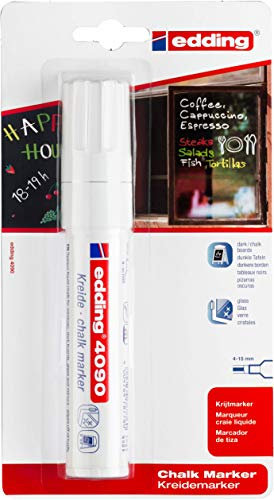 edding 4090/1 Kreidemarker Blisterkarte weiß - blickdicht gestalten, schreiben und dekorieren auf nicht porösen Oberflächen (z.B. dunkle Tafeln, Fenster, Glas)