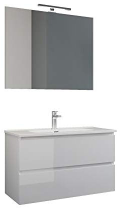MaMa Store Atena Mobile sospeso con lavabo, specchio e lampada LED, Laminato, Laccato Bianco Lucido, L. 81 X P. 47 X H. 53 CM