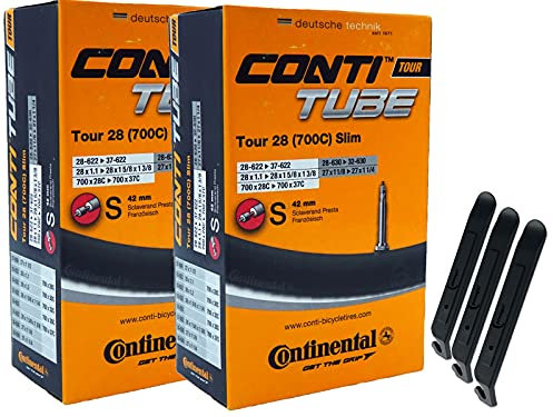 pneugo! Set 2 x Continental Fahrradschlauch 28 Zoll Sclaverand 28-622/37-622 (Tour Slim) + 3 Reifenheber