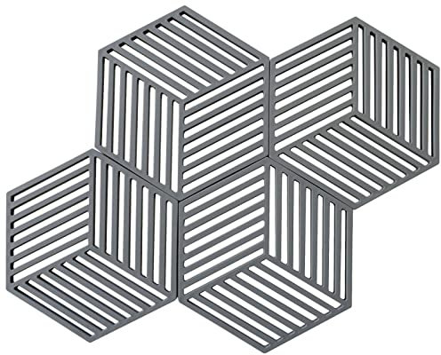 4 Pack Silicone Trivet Mats, Geometric Figure Heatproof Hot Pads Pot Holder, Non Slip Flexible Durable Heat Resistant Coaster Kitchen Countertop Table Mats(Stripe-Grey)