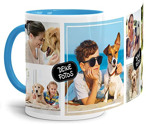 Foto-Tasse zum selbst gestalten mit Foto-Collage für 7 Wunschfotos - Geschenk für Familie, Freunde, Geburtstag, Weihnachten - Keramik Innen & Henkel Hellblau, 300 ml I Personalisiert
