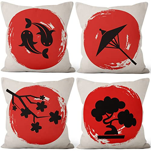 Aoihrraan 51x51cm Lot De 4 Housse De Coussin Style Japonais Poisson Parapluie Cerisiers Fleurs Plantes Pot Lin De Coussincarré Taie d'oreiller Decoration Canapé Taverne Japonaise Maison Décor Tatami