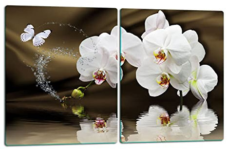 TMK | Herdabdeckplatten ceranfeld 2 Teilig 40x52 cm | Ceranfeldabdeckung Küche Elektroherd Induktion | Herdschutz Spritzschutz | Glasplatte Schneidebrett | Orchidee
