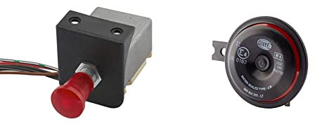 HELLA 6HD 002 535-101 Warnblinkschalter - Zugbetätigung - 12V - Einbau - Kabel: 600mm & 3AL 922 000-951 Horn - S90-12V - 113dB(A) - Frequenzbereich: 350Hz - Tiefton - Gehäusefarbe: rot/schwarz