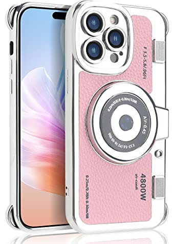 Losin Emily in Paris Phone Case Compatible with iPhone 13 Pro Case Cute 3D Vintage Camera Phone Case Handbag Lanyard Strap Plating Camera Protective PU Leather Cover for Women and Girls, Pink
