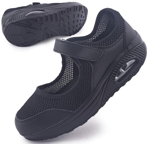Git-up Damen Walking Schuhe mit Klettverschluss Atmungsaktives Vermascht Krankenschwester Schuhe Leichtes Memory Schaum Luftkissen Sneaker, Schwarz 36