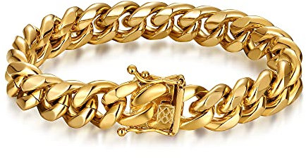 ROWIN&CO Armband Edelstahl Panzerkette • Dicke Armband Herren Damen Kette • Hip Hop Gliederarmband Cuban Armkette 15mm | 19-24cm Gold/Schwarz/Regenbogen Persönlichkeit Gliederkette. (Gold, 20.5)