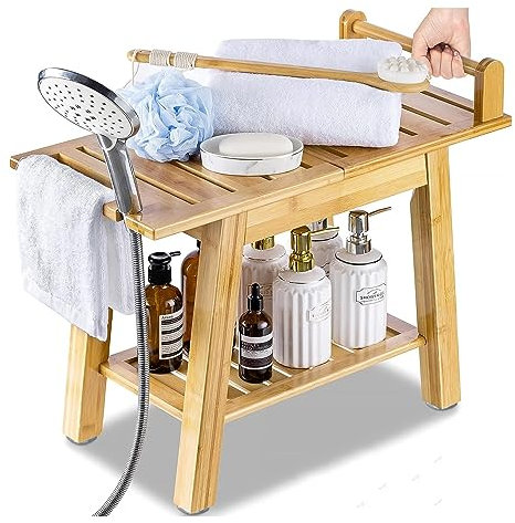 HOMION Shower Bench Disability Aid 2-Tier Wood Spa Bath Organizer Stool Corner Bathroom Chair & Seat with Storage Shelf for Indoor Outdoor Camping Hinch Wooden Chair Waterproof Seat