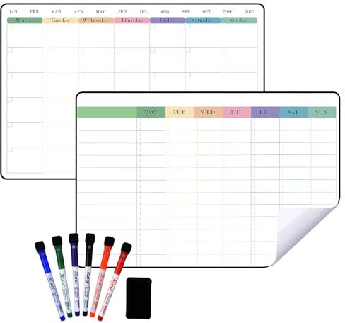 POPRUN A3 Chore Chart & Monthly Planner Whiteboard Calendar for Fridge, Wall and Glass, Perfect as Family Chores Chart, Cleaning Rota, Reminder and Memo Board, Dry wipeable, Monday to Sunday-2 Pack