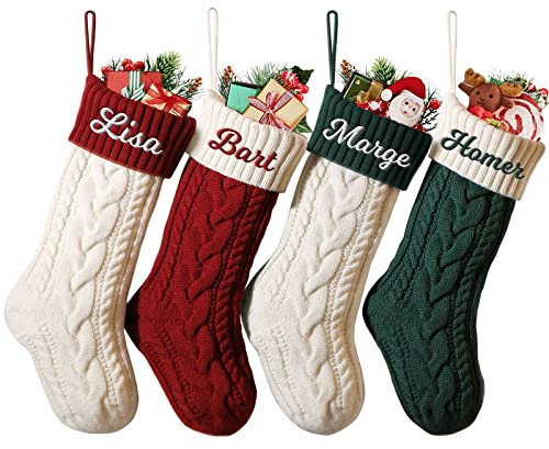 SearchI Gestrickte Weihnachtsstrümpfe Personalisiert 18” Großer Individuelle Bestickte Name Nikolausstrumpf mit Benutzerdefinierte Christmas Stockings für Feiertags, Kamin, Familienparty, Dekoration