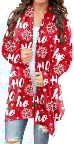 OMZIN Womens Casual Loose Weihnachten Strickjacke Xmas Tree Plaid Langarm Mantel Open Front Comfy Thin Cardigan Rot M