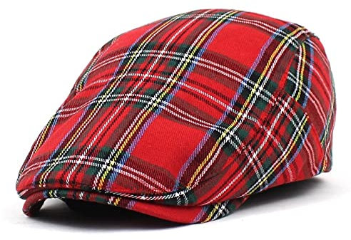 CLoxks Barett Baskenmütze Schirmmütze Stil Kappe Karierte Baskenmütze Damen Baumwolle Rot Grün Mütze Herren Vintage Damen Hut Verstellbar55-60Cm Rot