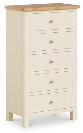 RoselandFurniture Farro XL Cream 5 Drawer Tallboy Chest of Drawers | Fully Assembled, Wooden Tall Storage Unit with Oak Top, Painted Finish, Free Standing, Shaker Style, H122cm W70cm D40cm