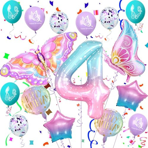 4. Schmetterling Geburtstagsdeko, Schmetterling 4 Geburtstag Mädchen, 4 Jahre Geburtstag Deko, Bunt Schmetterlinge Ballon 4 Jahre, Mädchen 4 Jahre Schmetterling, Party Schmetterling 4 Luftballon