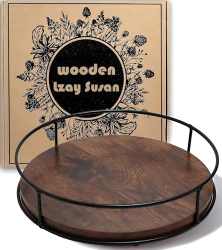 Tomoaza 9 Inch Wood Lazy Susan Turntable for Table, Kitchen Rustic Brown Turntable Organizer with Steel Frame, 360 Degree Decorative Turntable for Countertop Cabinet or Centerpieces