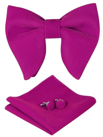 PACGOTH Fliegenset für Herren, vorgebundene Fliege, Vintage, für Smoking, übergroße Samt-Fliege, Manschettenknöpfe, Einstecktuch, Set mit Geschenkbox, Magenta, Large