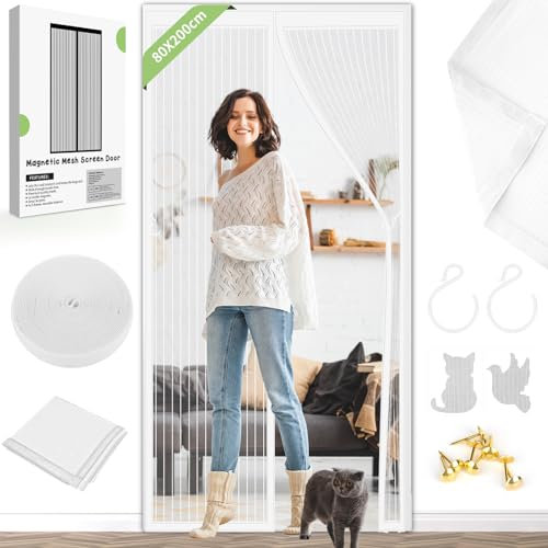Magnetic Fly Screen Door Curtain - Fly Curtains 80X200cm for Doors with Powerful Magnets and Full Frame Magic Tape, Fly Nets for Door Without Drilling, Suitable for Patio Doors Balcony Bedroom(White)