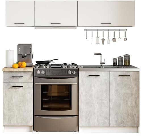 AKORD | Conjunto de Muebles de Cocina Oliwia | Cocina Completa Pequeña | Mueble Modular | Cocina a Medida 46 x 180 x 174 cm | Cocinas Modulares Pequeñas | para Diseño Moderno | Blanco | Cemento