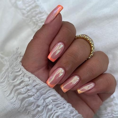 Angwis 24pcs Short Square False Nails French Tip Aurora Orange Edge Stick on Nails Pink Mirror Press on Nails Removable Glue-on Nails Full Cover Fake Nails Women Brides Nail Art Accessories