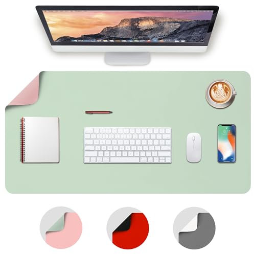 Deflecto Reversible Double Sided Faux Leather Desk Pad Protector,Mouse Pad,Office Desk Mat,Non-Slip,Waterproof Writing Pad (80cm x 40cm, Pink/Green)