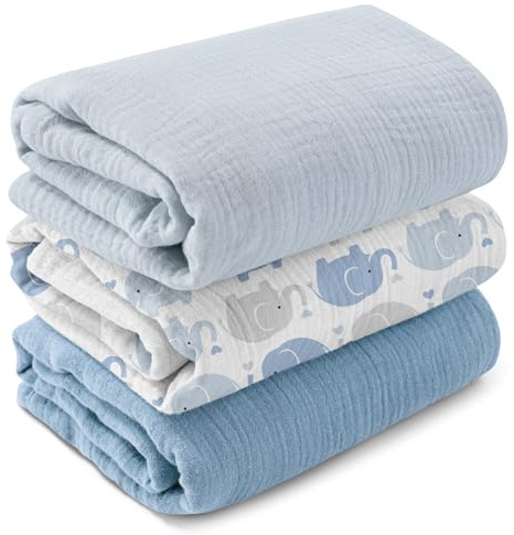 GLLQUEN BABY Muslin Swaddle Blankets,3-Pack Receiving Blankets for Newborn Boys and Girls,Baby Swaddle Blanket Unisex, Elephant,Baby Essentials, Registry & Gift, 40 x 38 inches