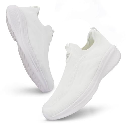 Giniros Zapatillas Slip On Running Hombre Zapatos Deporte Correr Jogging Caminar Bambas Deportivas Hombre Casual Gimnasio Fitness Gym Atlético Trekking Tenis Transpirables Sneakers, Blanco 42EU