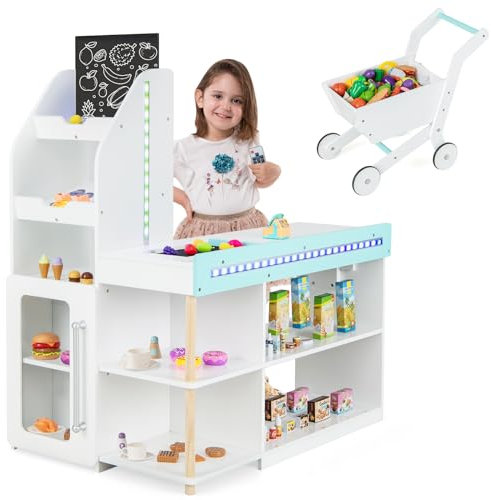 GOPLUS Kaufladen mit Einkaufswagen, Supermarkt aus Holz, Kaufmannsladen mit Tafel & Registrierkasse & 39 Zubehör, inkl. LED-Lichter & Fernbedienung, Rollenspiele für Kinder ab 3 Jahren