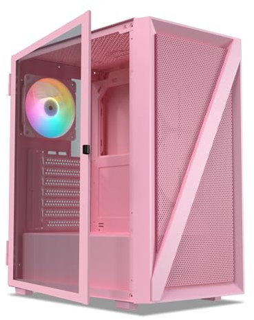 Vetroo M05 Pink ATX PC Gaming Case with Slashes on Front Panel & Tempered Glass Side Panel, Pre-Installed ARGB Fan, 7 Removable PCI Slots, Supports a 240mm Water Cooler and Type-C Ready