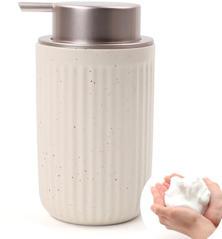 Seifenspender Umlaca Spülmittelspender, Nachfüllbarer Soap Dispenser Keramik 350ml, Großer Pumpenkopf lässt Sich leicht drücken, Geeignet für Küche, Bad (Streifen Beige + Rosa, Schaumseifenspender)
