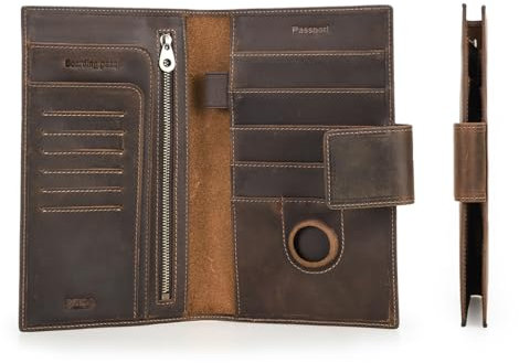 Contacts Portafoglio da uomo per passaporto in vera pelle con blocco RFID, con slot AirTag, organizer per carte, pochette sottile per viaggi in famiglia, Marrone scuro-L, Carry 1-4 passport, Rétro