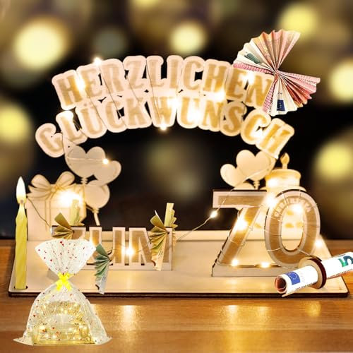 70. Geburtstag Frau Mann, Geldgeschenke Holz mit LED Lichterkette, Geschenk zum 70 Geburtstag Mann Frau, Geschenkideen zum 70 Geburtstag, Herzlichen Glückwunsch