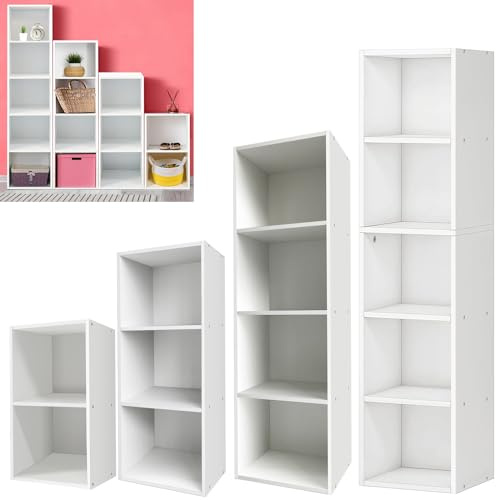 Rigogo 5 Tier Cube Storage Unit, 5 Cube Bookcase, Wooden Cube Organiser Shelving Unit Storage Shelves for/Livingroom and Bathroom, 32cm x 24cm x 132m