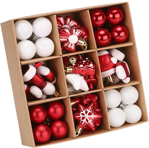 Sea Team 62-Pack Gemischte kleine Weihnachtskugel-Ornamente mit Schnüren, 30/1,18 Zoll kleine Kugeln, Kunststoff-Weihnachtskugeln, zum Aufhängen von Dekorationen für Weihnachtsbäume,(Rot)