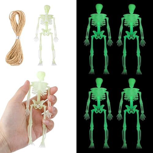 DIELIANHUA 8Pcs Mini Skelett Deko,Skelett Deko,Skelett Leuchtend, Kleines Skelett Deko,Skelett Halloween Deko,3 Meter Hanfseil, Geeignet für Halloween-Partys und Spukhaus-Requisiten